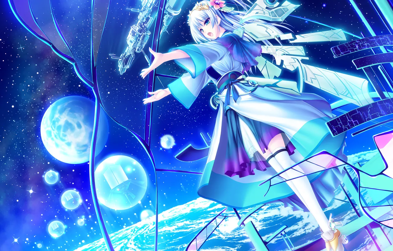 Photo wallpaper girl, stars, ship, planet