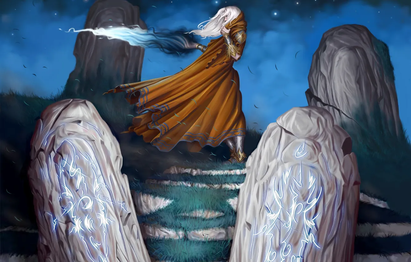 Photo wallpaper girl, stars, night, the wind, magic, art, Fabio Paciulli