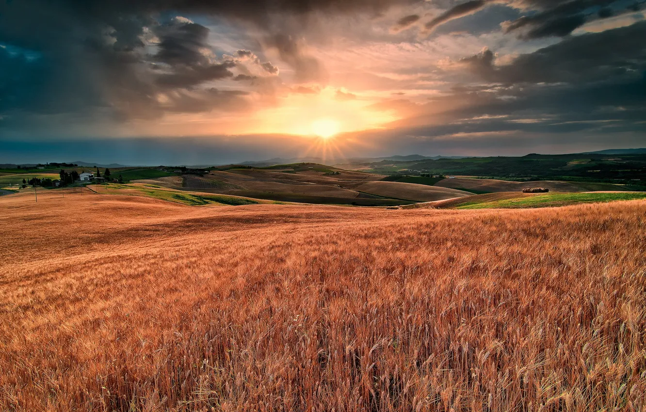 Photo wallpaper field, the sun, clouds, dawn, hills, Italy, From Tramonti, Made In Montenero