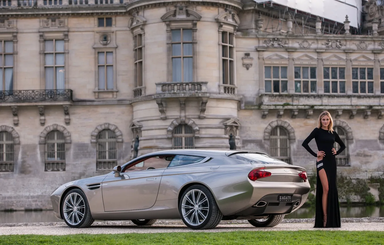 Photo wallpaper auto, look, girl, Aston Martin, dress, beautiful girl