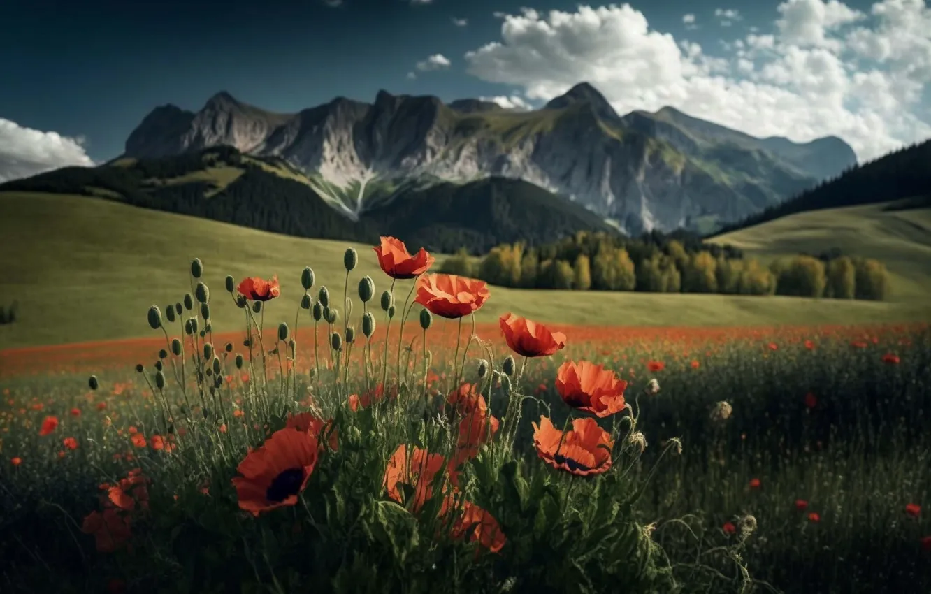 Photo wallpaper forest, summer, clouds, flowers, mountains, red, graphics, Maki