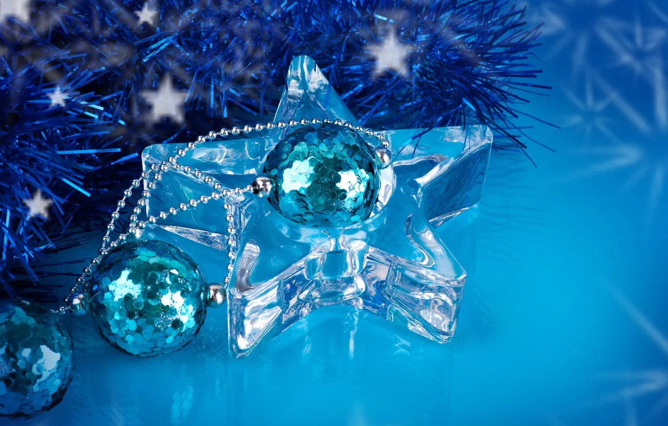 Photo wallpaper the rain, stars, balls, decoration, blue, transparent, toy, new year