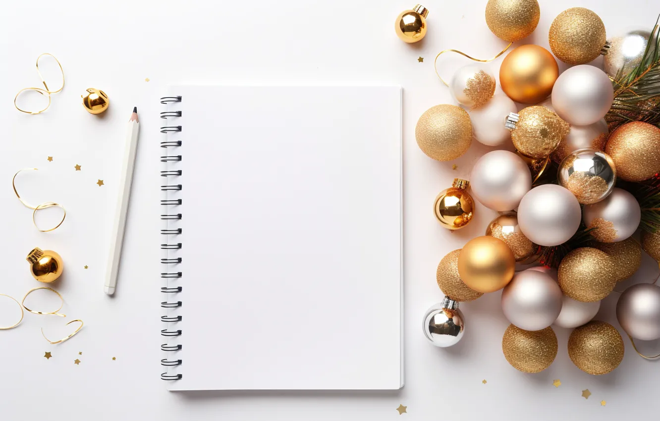 Photo wallpaper balls, Christmas decorations, notebook, diary, paper, AI art, for records, a clean sheet