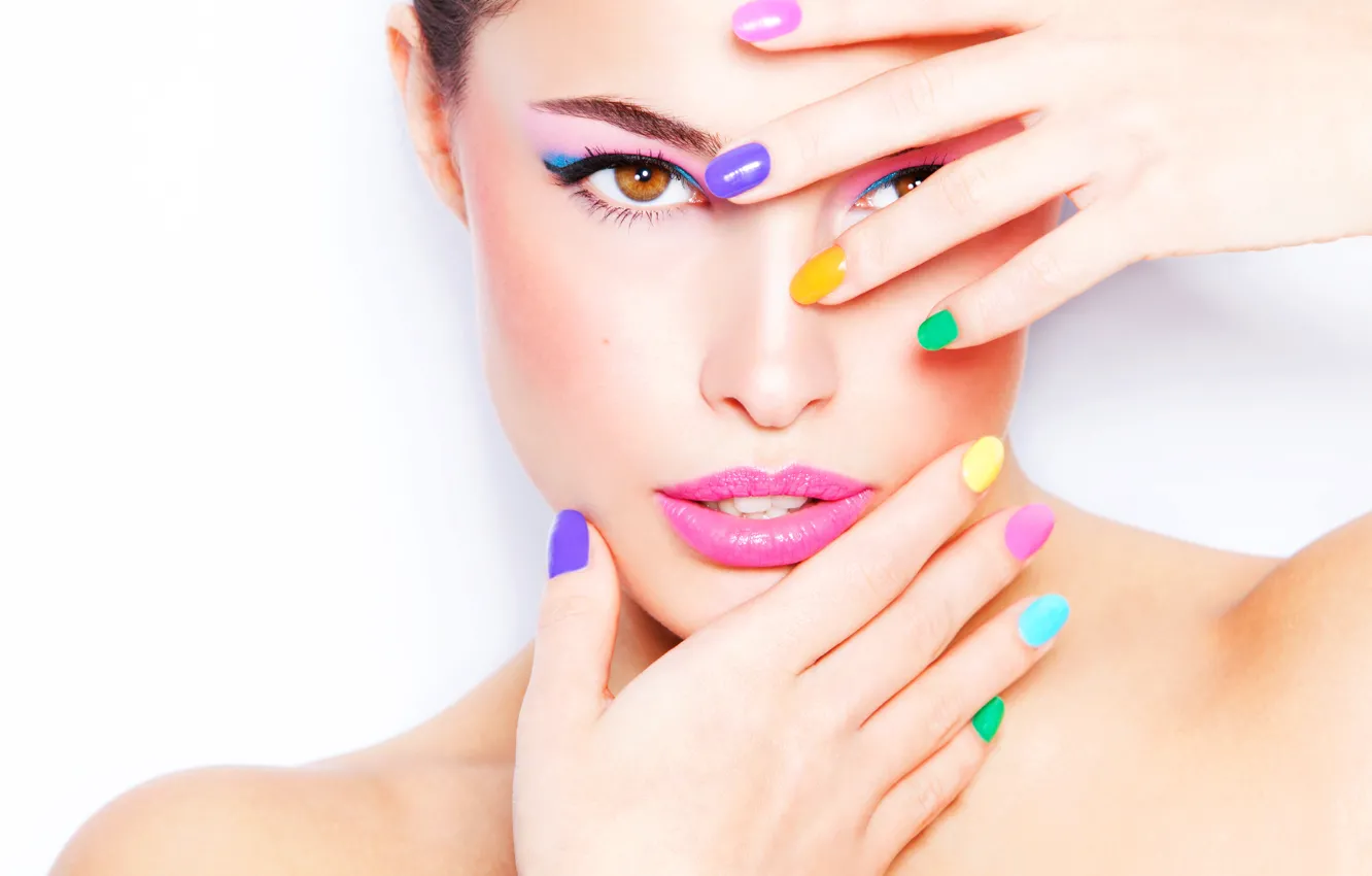 Photo wallpaper woman, face, fingers, painted nails
