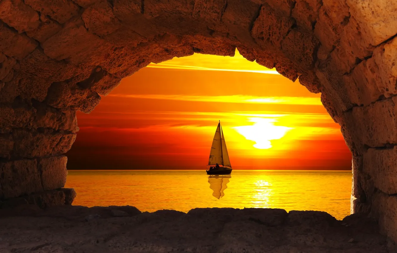 Photo wallpaper sea, the sun, arch, sail
