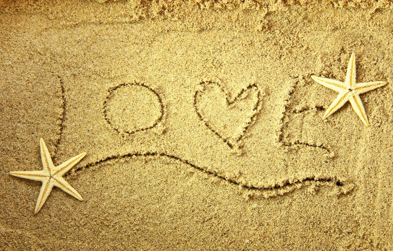 Photo wallpaper sand, love, heart, star, love, words