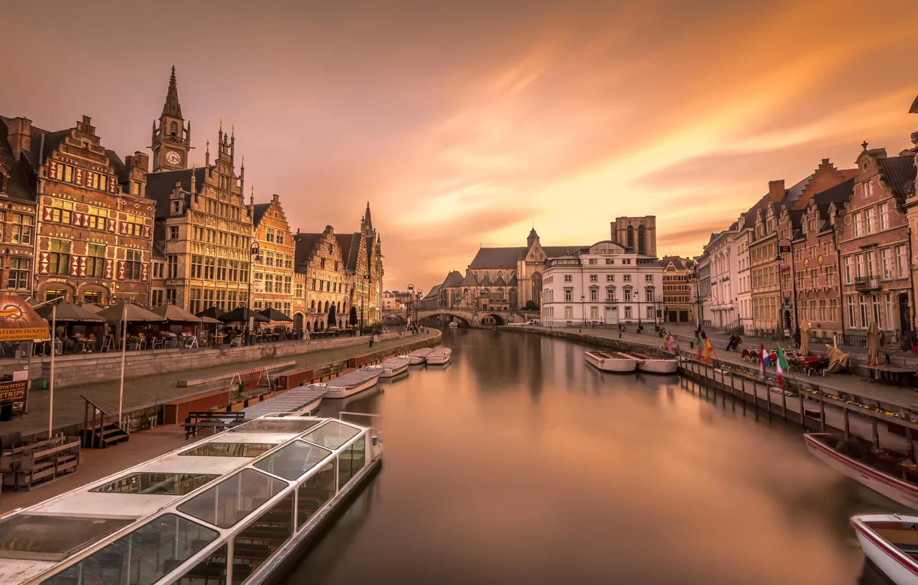 Photo wallpaper the city, river, home, boats, Europe, Belgium, Ghent