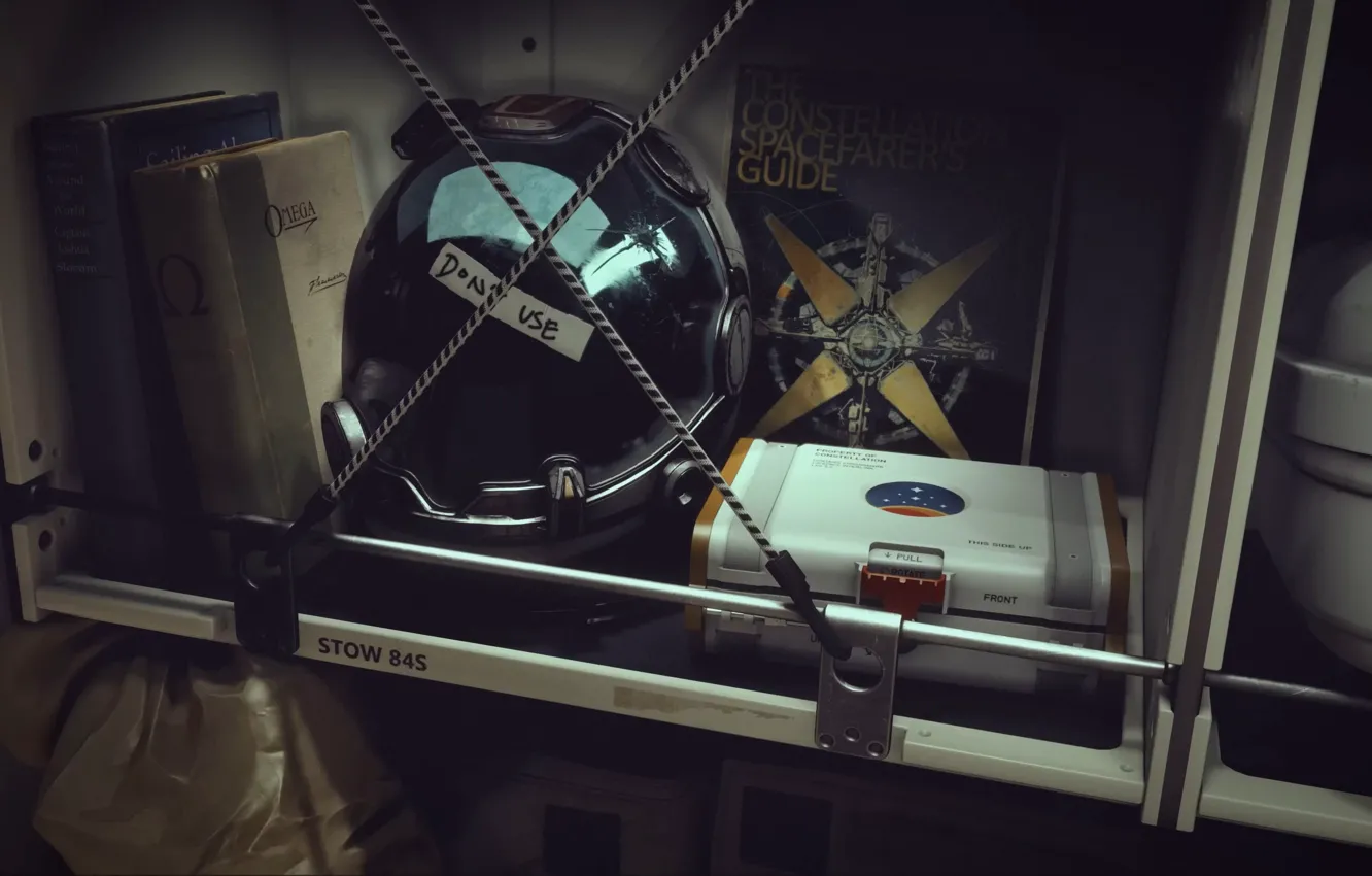 Photo wallpaper interior, helmet, book, Starfield, shelves