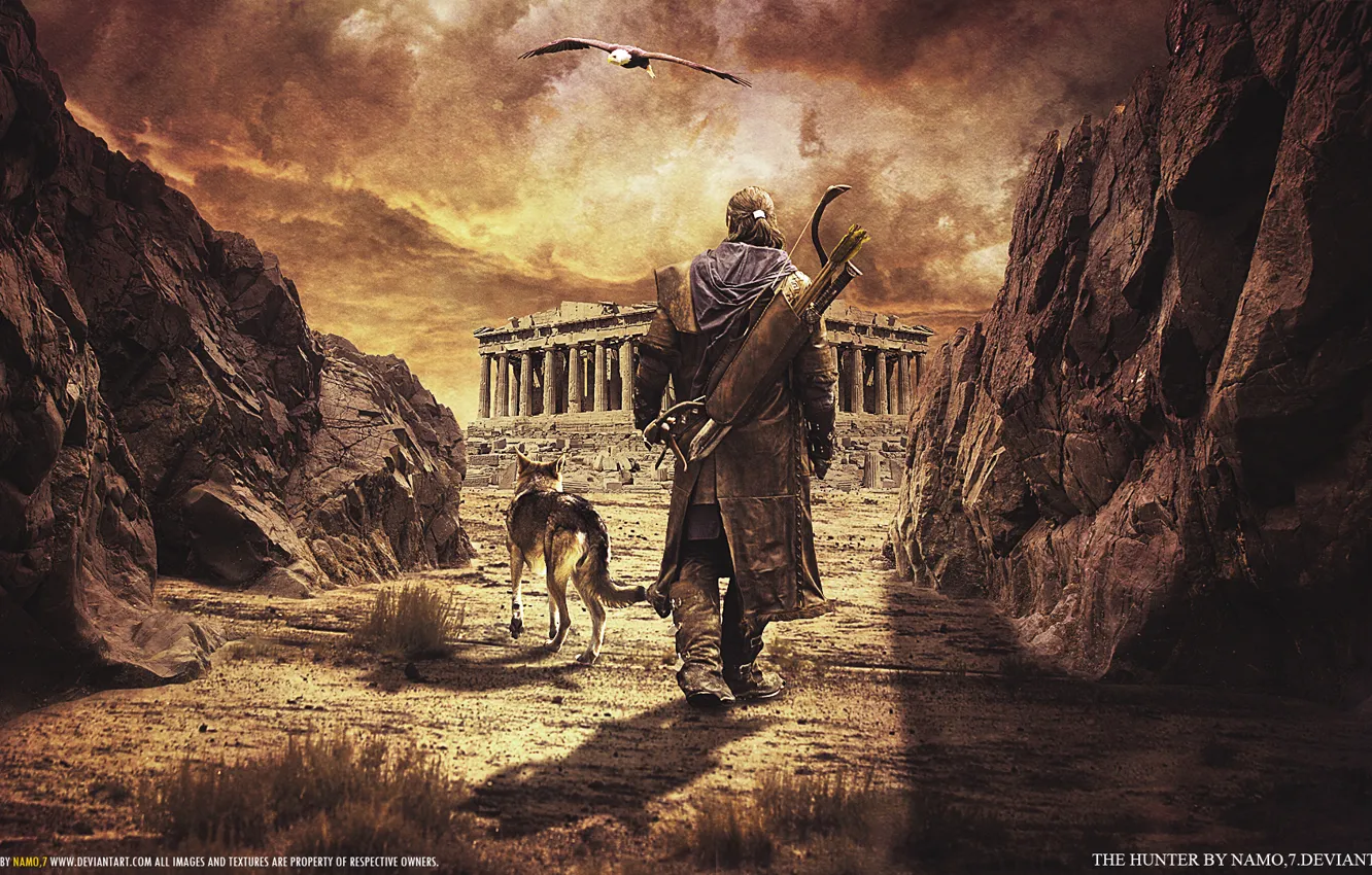 Photo wallpaper road, clouds, the way, weapons, bird, wolf, Falcon, hunter