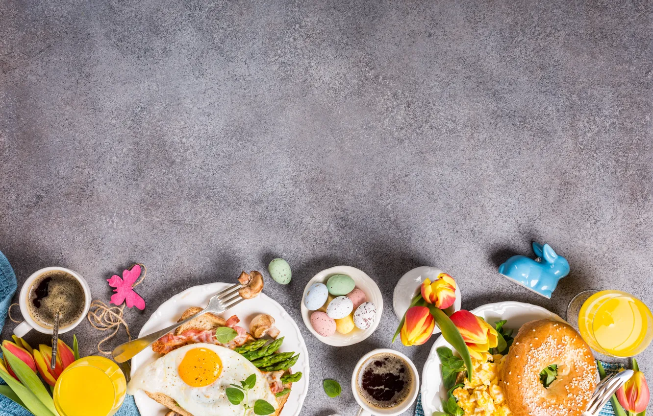 Photo wallpaper flowers, berries, eggs, Breakfast, Easter, tulips, flowers, tulips