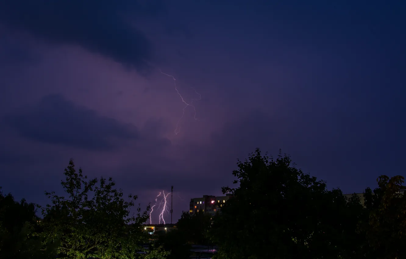 Photo wallpaper the storm, clouds, the city, lightning, the evening