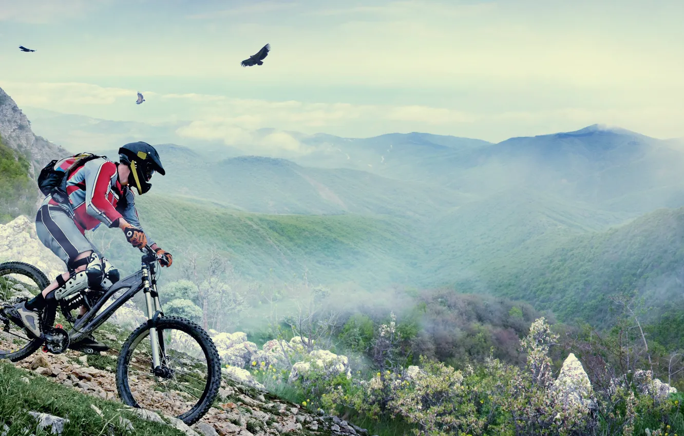 Photo wallpaper mountains, birds, bike, people, helmet