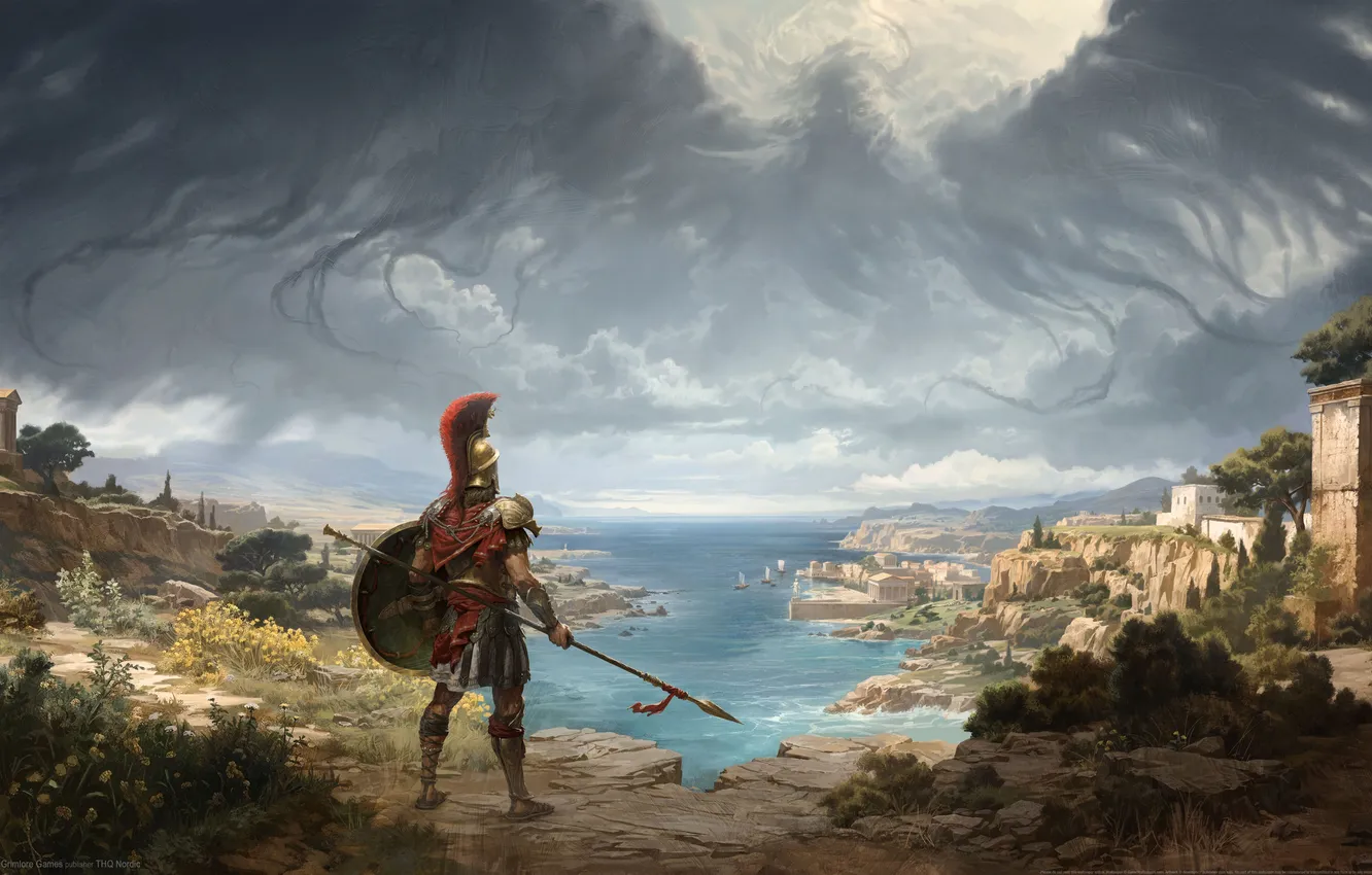 Photo wallpaper armor, sea, wings, clouds, Titan Quest, shield, Greece, spear