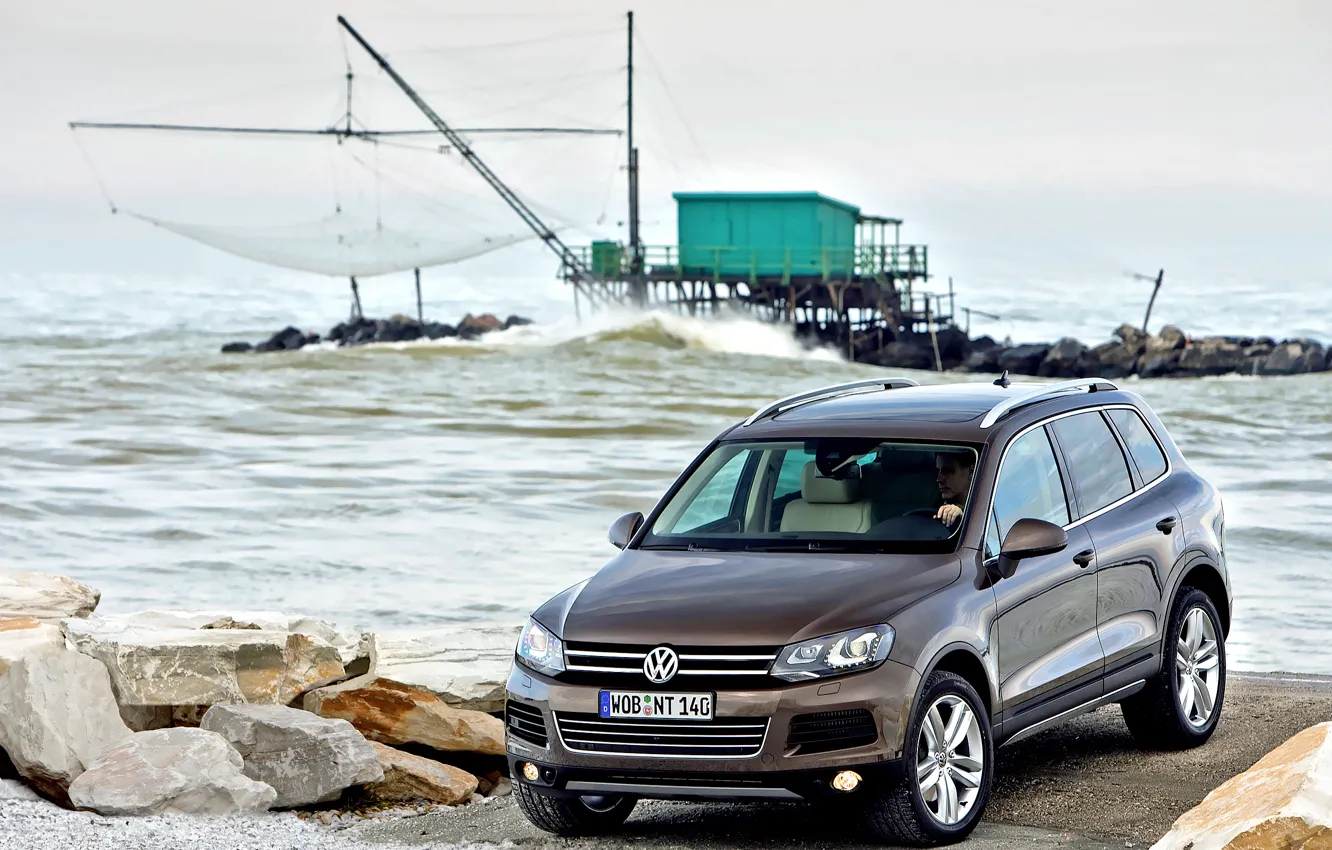 Photo wallpaper sea, pier, Volkswagen, SUV, Touareg, Touareg