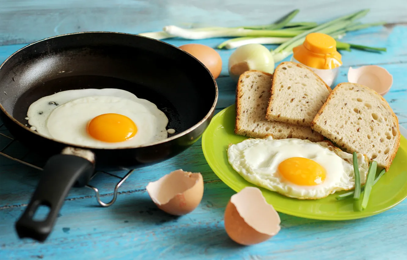Photo wallpaper food, eggs, Breakfast, bow, bread, scrambled eggs, shell, pan