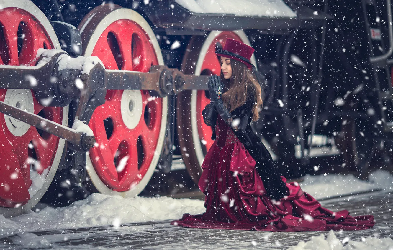 Photo wallpaper winter, girl, snow, style, the engine, the situation, dress, plea