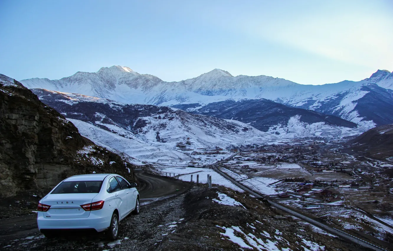 Photo wallpaper machine, snow, mountains, Auto, Lada, Lada, Vesta, Vesta