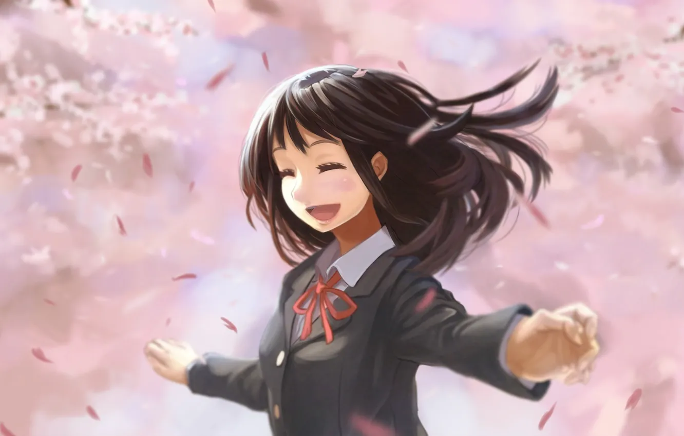 Photo wallpaper girl, trees, joy, anime, petals, Sakura, art, schoolgirl