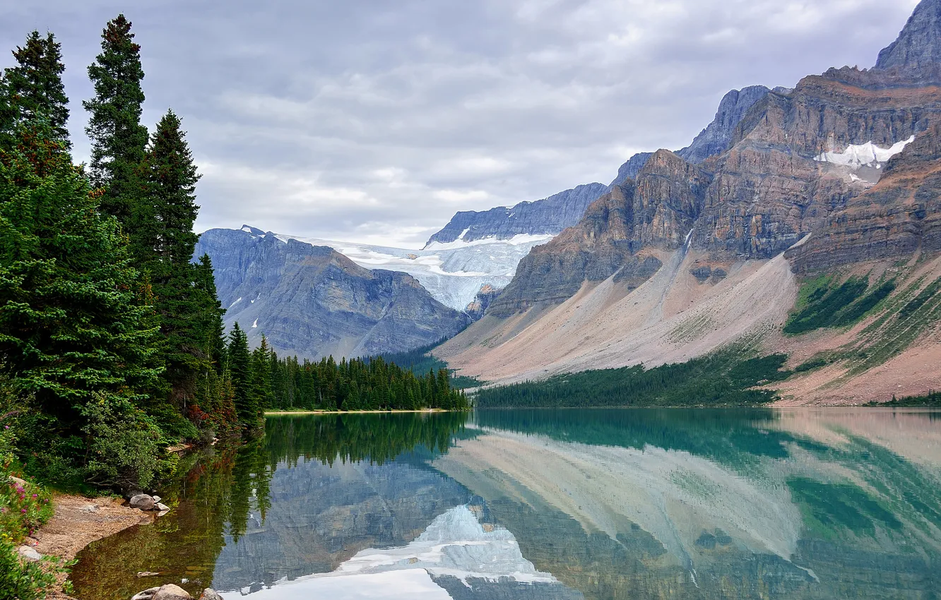 Photo wallpaper snow, trees, mountains, lake, reflection