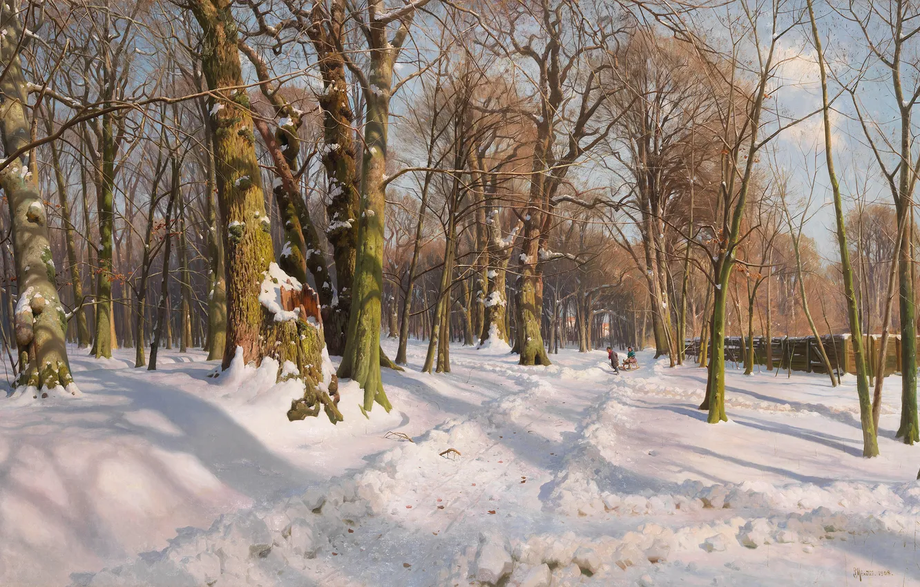 Photo wallpaper winter, forest, snow, trees, children, Park, the fence, picture