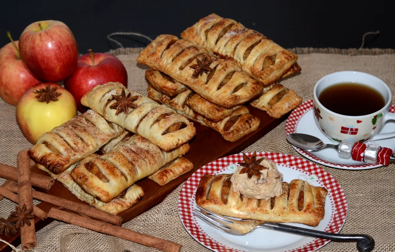 Photo wallpaper tea, apples, cinnamon, puff
