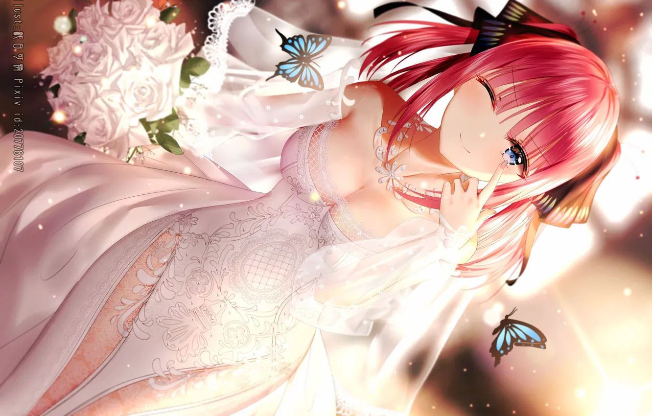 Photo wallpaper butterfly, neckline, lace, white roses, necklace, wink, wedding dress, the bride's bouquet