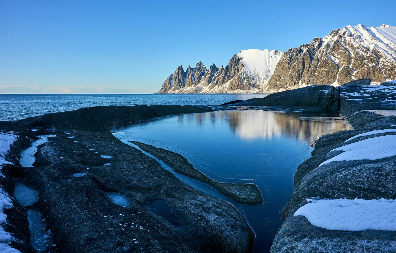 Photo wallpaper sea, coast, horizon, Norway, snowy mountains, coast, the reflection in the water, Norway