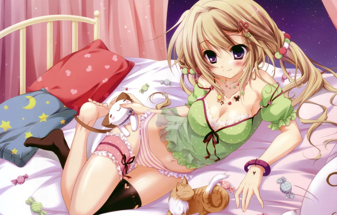 Photo wallpaper pillow, anime, candy, blonde, flirting, ruffles, big eyes, ginger kitten