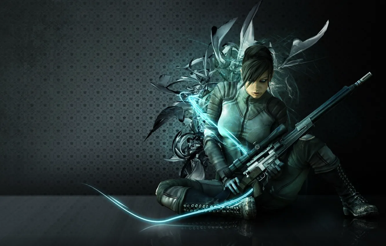 Photo wallpaper girl, weapons, wall, abstraction, neon, costume, form, sniper