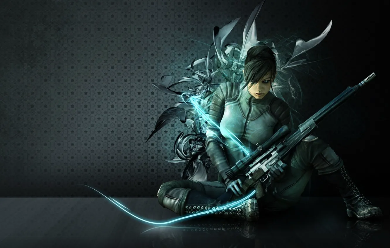 Photo wallpaper girl, abstraction, weapons, wall, neon, costume, form, sniper