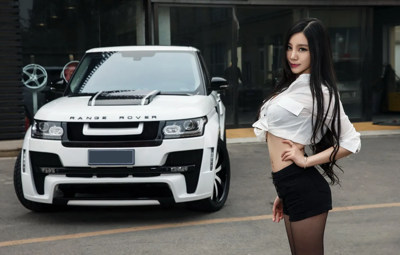Photo wallpaper look, girl, Land Rover, Asian, beautiful girl, showcase, white car