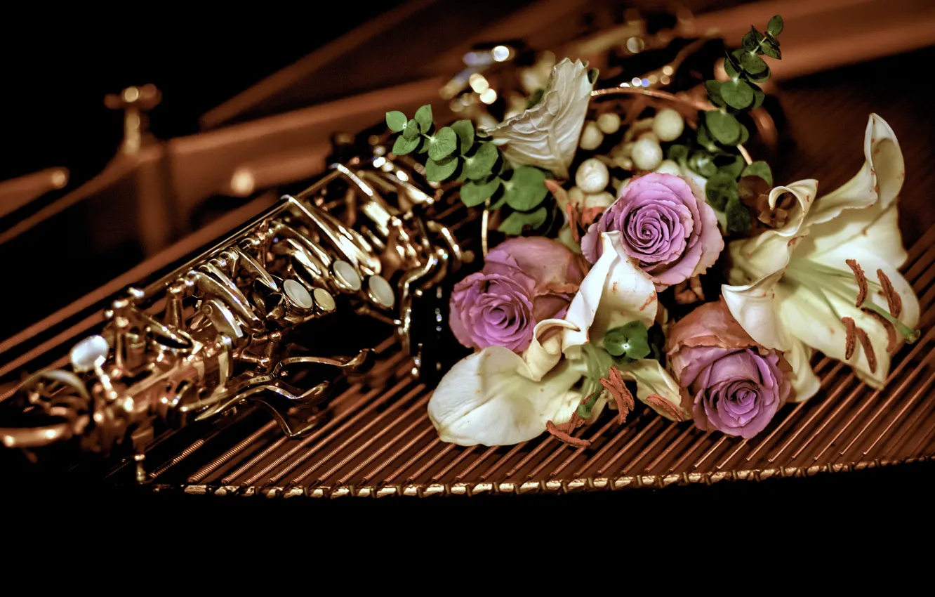 Photo wallpaper flowers, the dark background, Lily, roses, bouquet, pipe, musical instrument, composition