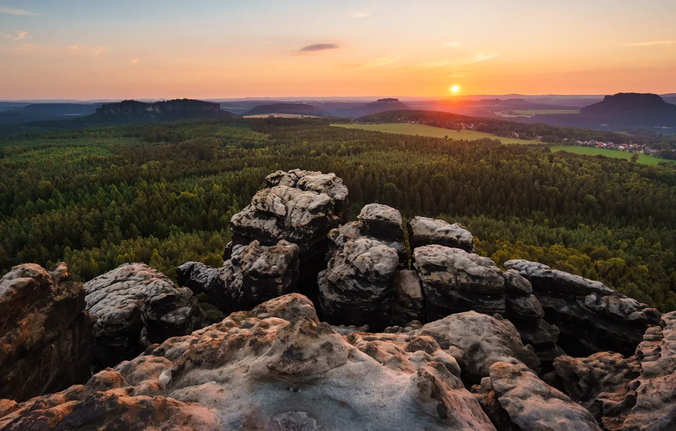 Photo wallpaper forest, the sky, the sun, light, landscape, sunset, mountains, stones