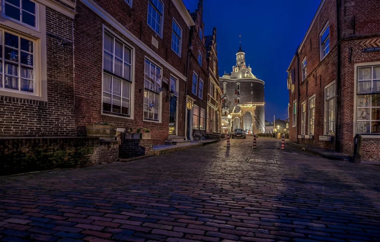 Photo wallpaper night, lights, street, home, Netherlands, Enkhuizen