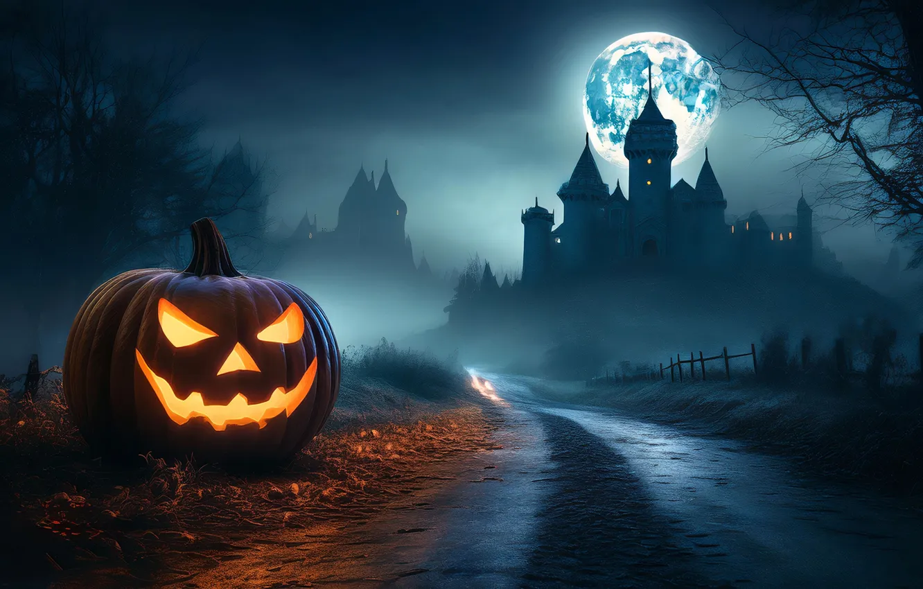 Photo wallpaper dark, halloween, road, glow, background, castle, pumpkin, illustration