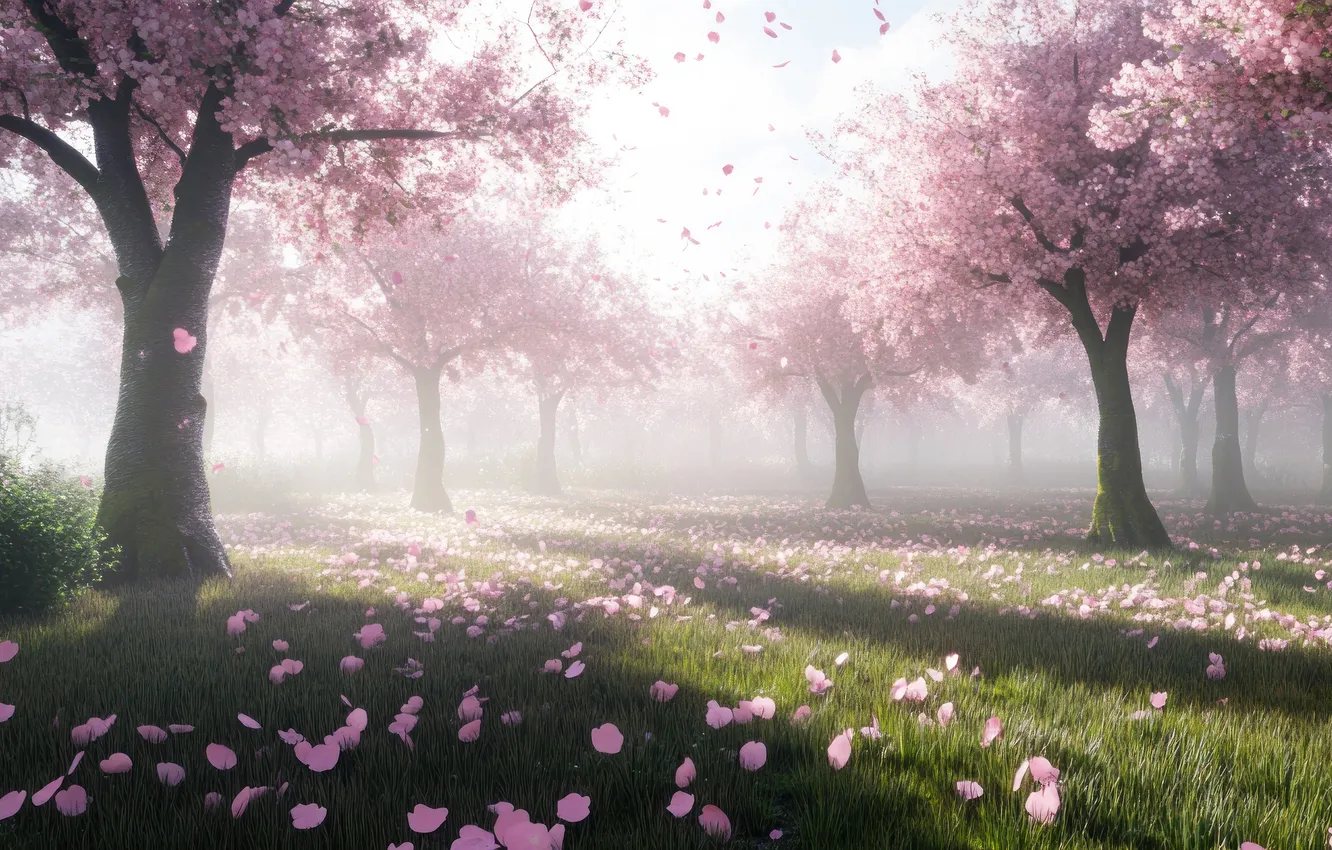 Photo wallpaper grass, light, flowers, fog, Park, glade, shadow, spring
