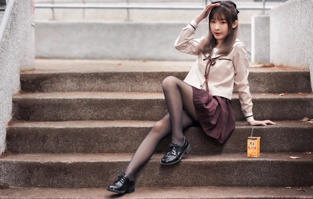 Photo wallpaper look, pose, model, skirt, portrait, makeup, hairstyle, shoes