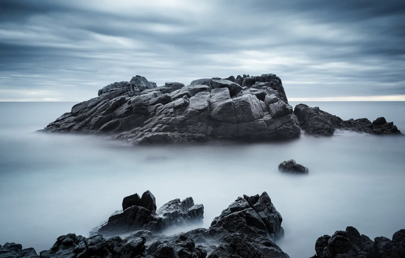 Photo wallpaper sea, the sky, clouds, stones, rocks, shore, cool colors