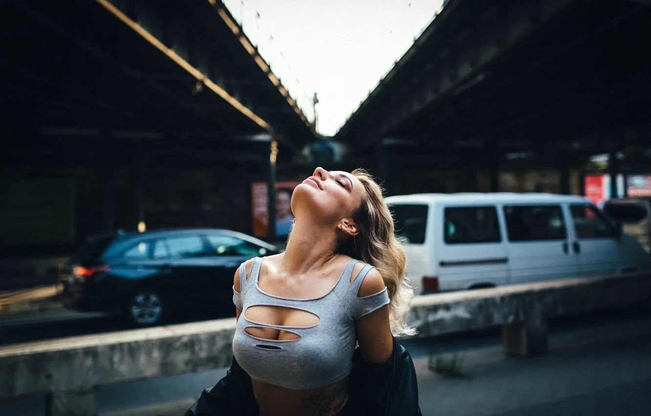 Photo wallpaper road, machine, the city, sexy, pose, model, makeup, Mike