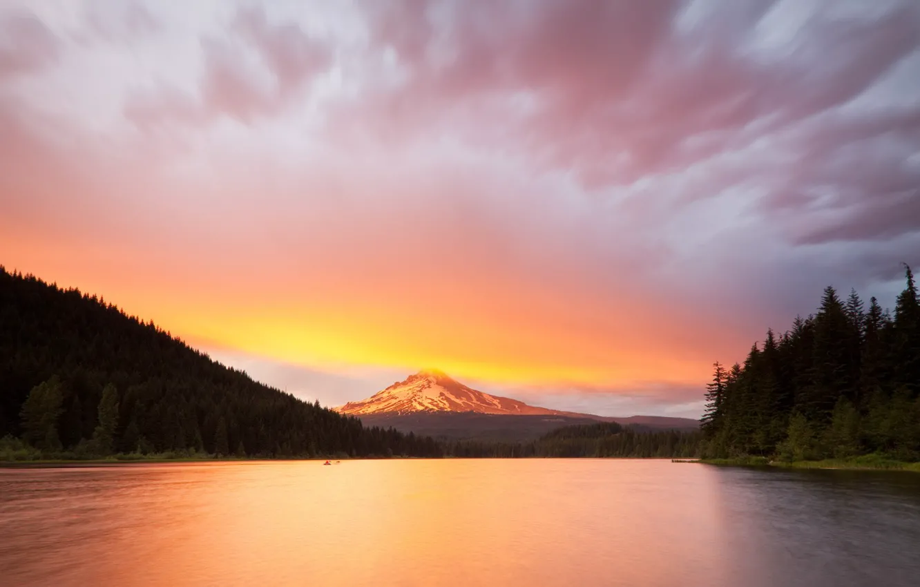 Photo wallpaper clouds, sunset, mountains, Lake