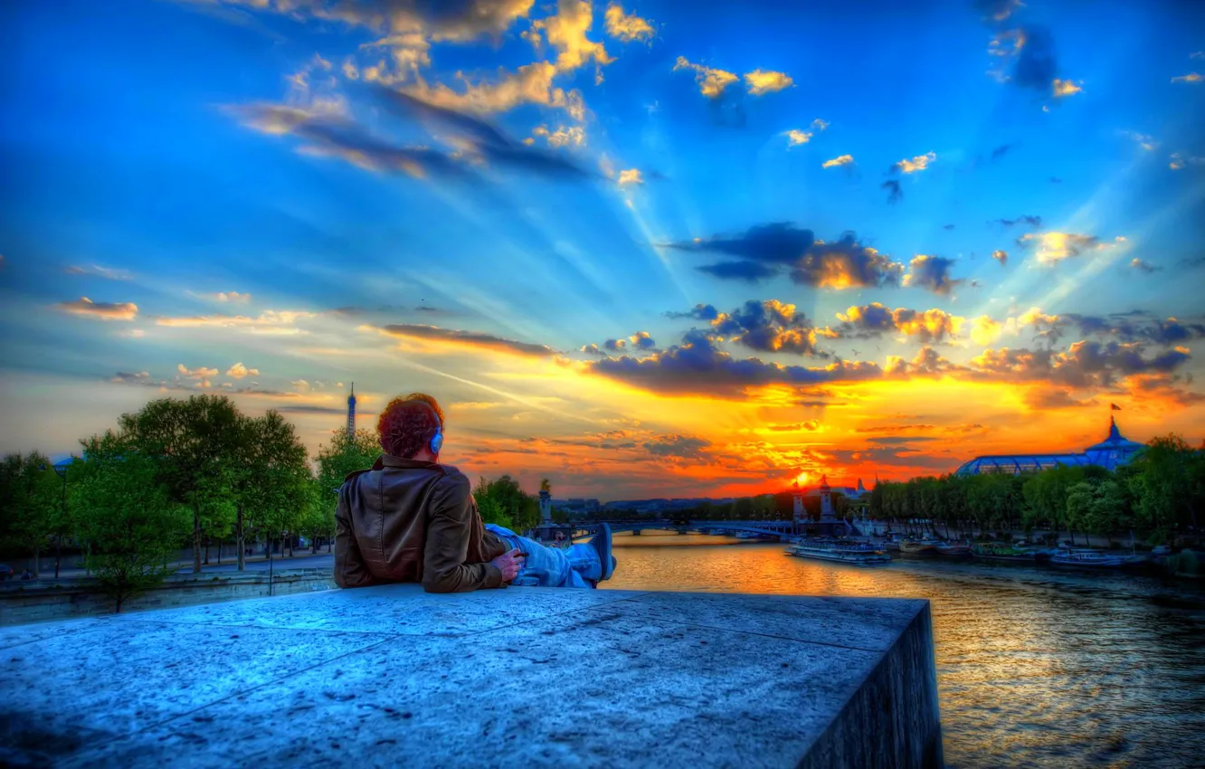 Photo wallpaper the sky, clouds, trees, sunset, the city, stones, Paris, people