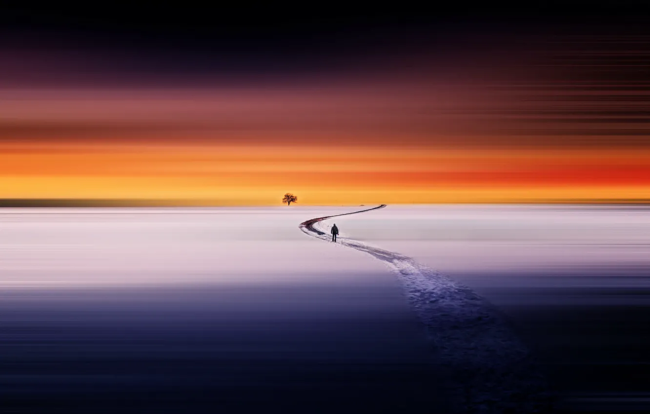 Photo wallpaper field, snow, sunset, people