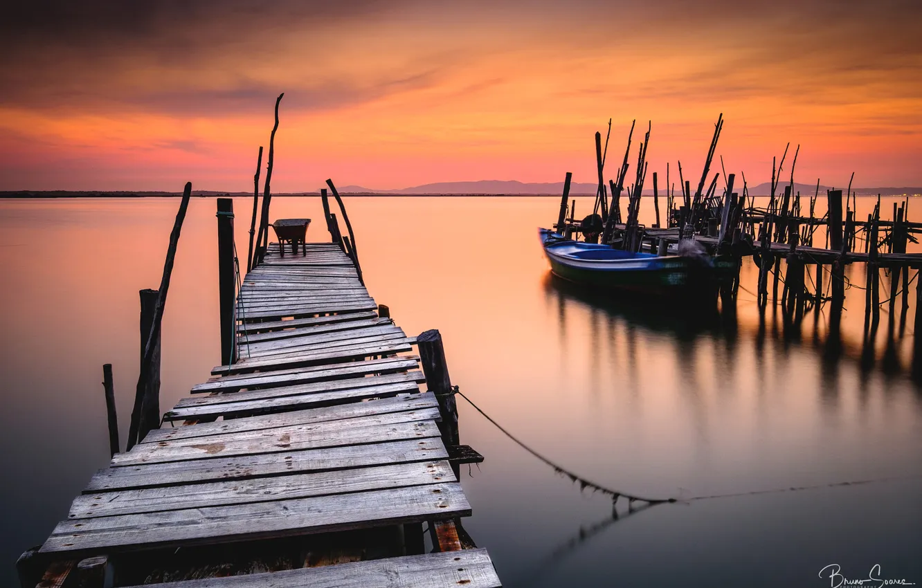 Photo wallpaper pier, boat, the sky, shore, river, sunset