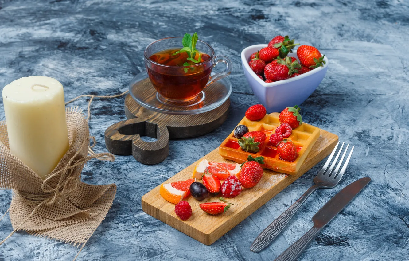 Photo wallpaper berries, tea, waffles