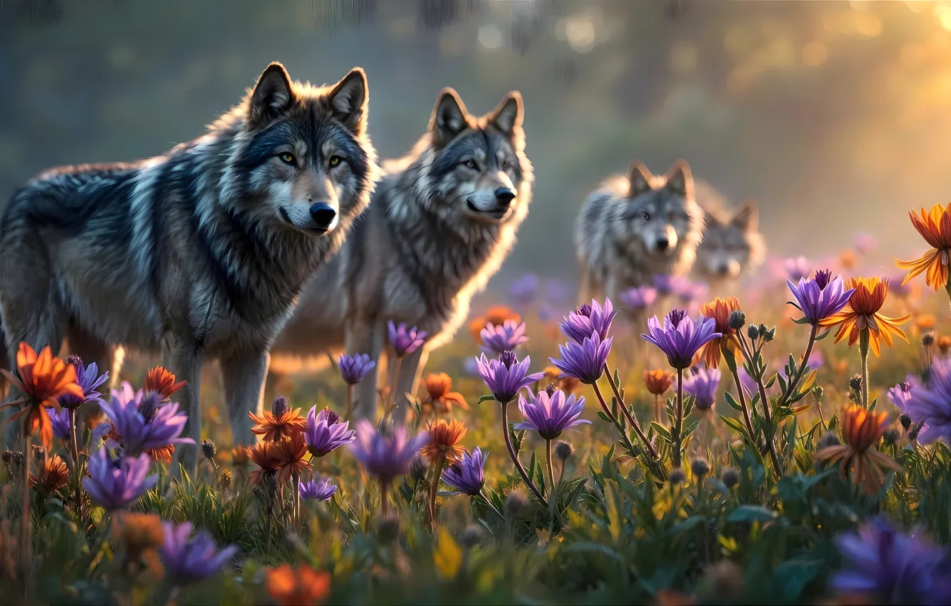 Photo wallpaper grass, flowers, dawn, wolf, predator, digital art, AI art, The Art of Artificial Intelligence
