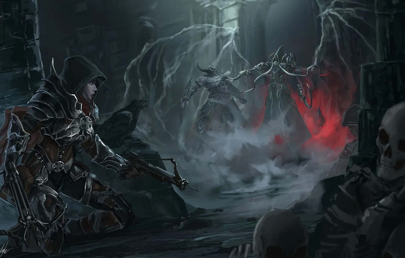 Photo wallpaper girl, castle, wings, art, skeleton, undead, Diablo III, Demon Hunter