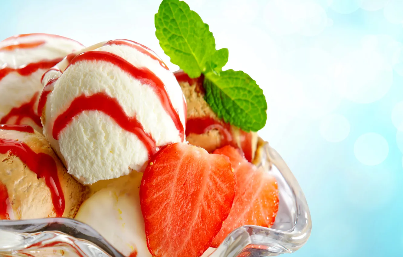 Photo wallpaper balls, strawberry, ice cream, mint, dessert, sweet, ice cream