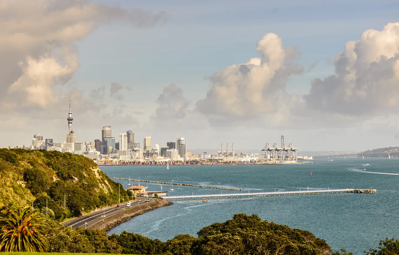 Photo wallpaper road, bridge, the city, Strait, shore, New Zealand, Auckland, Auckland