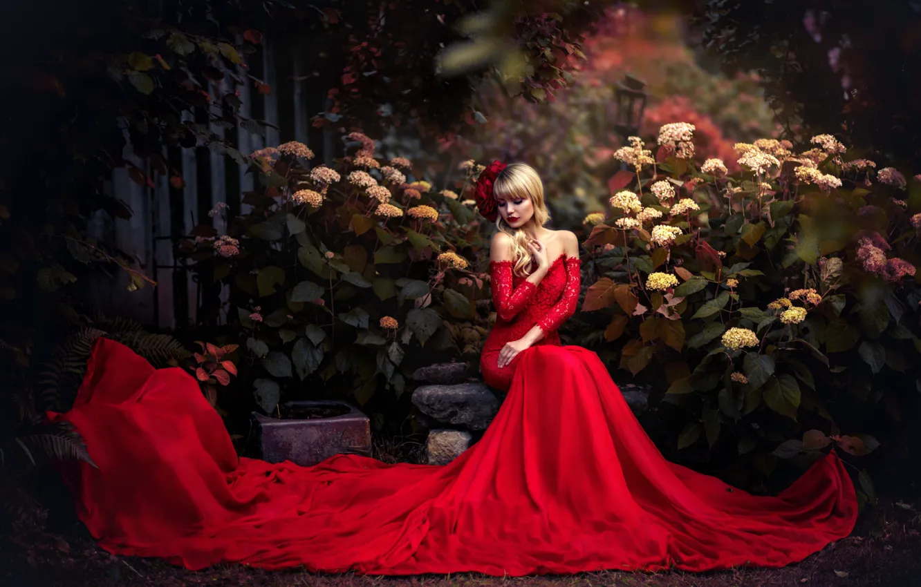 Photo wallpaper BLONDE, DRESS, FLOWERS, RED, The BUSHES, SALARY
