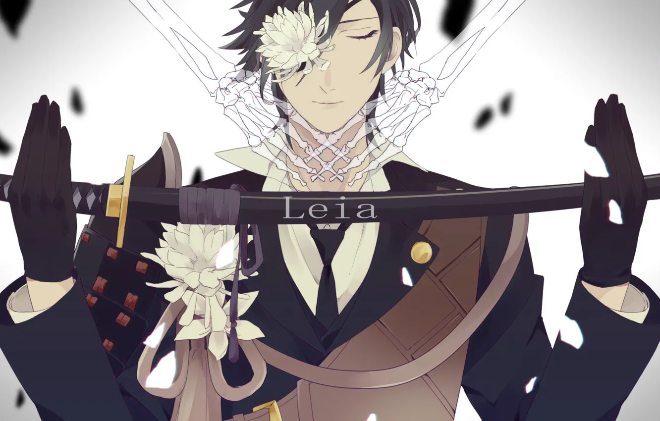 Photo wallpaper katana, meditation, tie, gloves, military uniform, chrysanthemum, closed eyes, Touken Ranbu